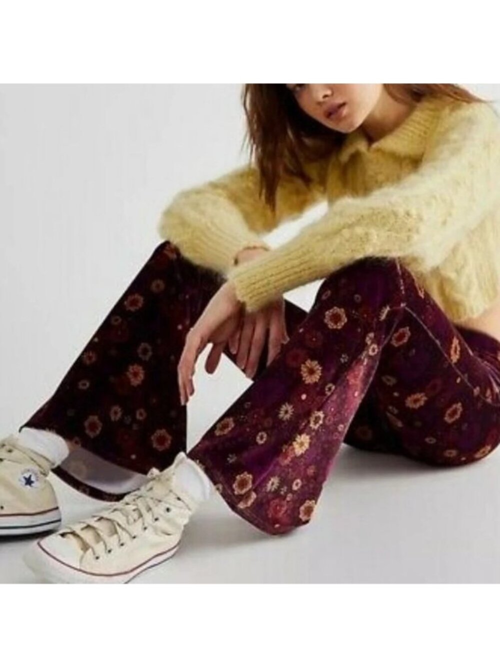 NWT Free People Flare Street Montana Floral Velvet Pull On Flare Pant Wine M